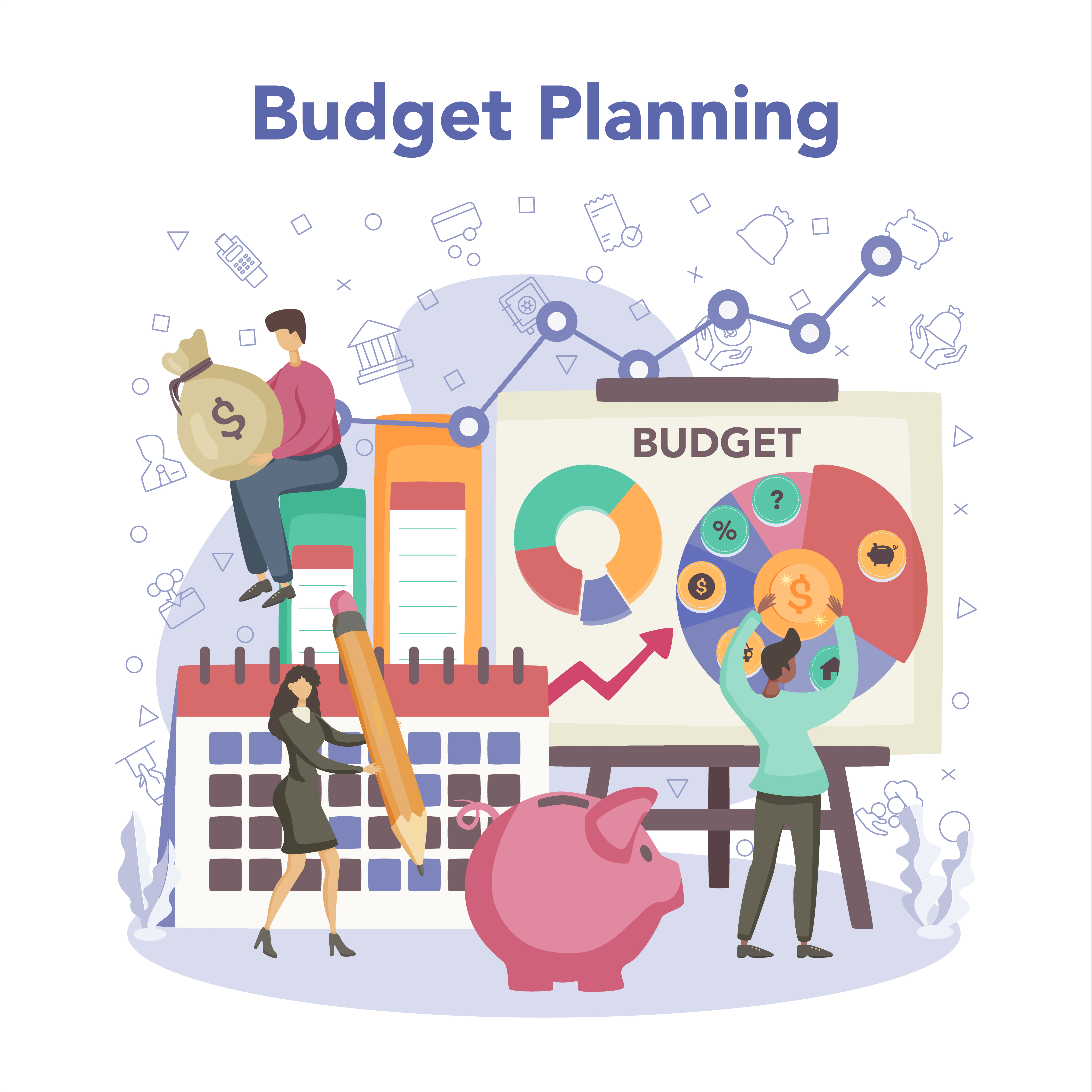 Illustratie van budgetplanning voor een bedrijfsevenement met grafieken, kalender en spaarpot.