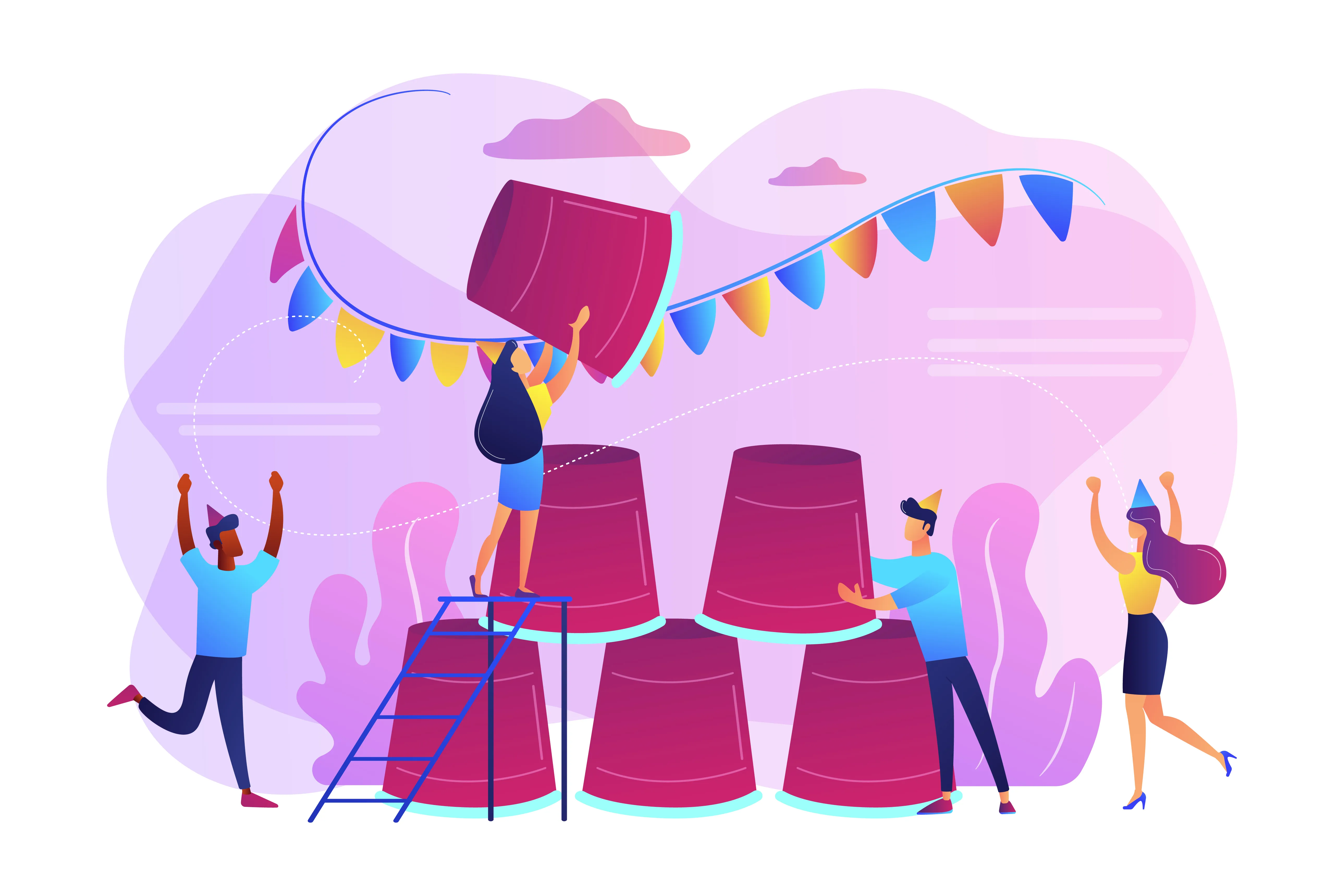 Illustratie van een team dat samenwerkt aan de opbouw van een evenement.