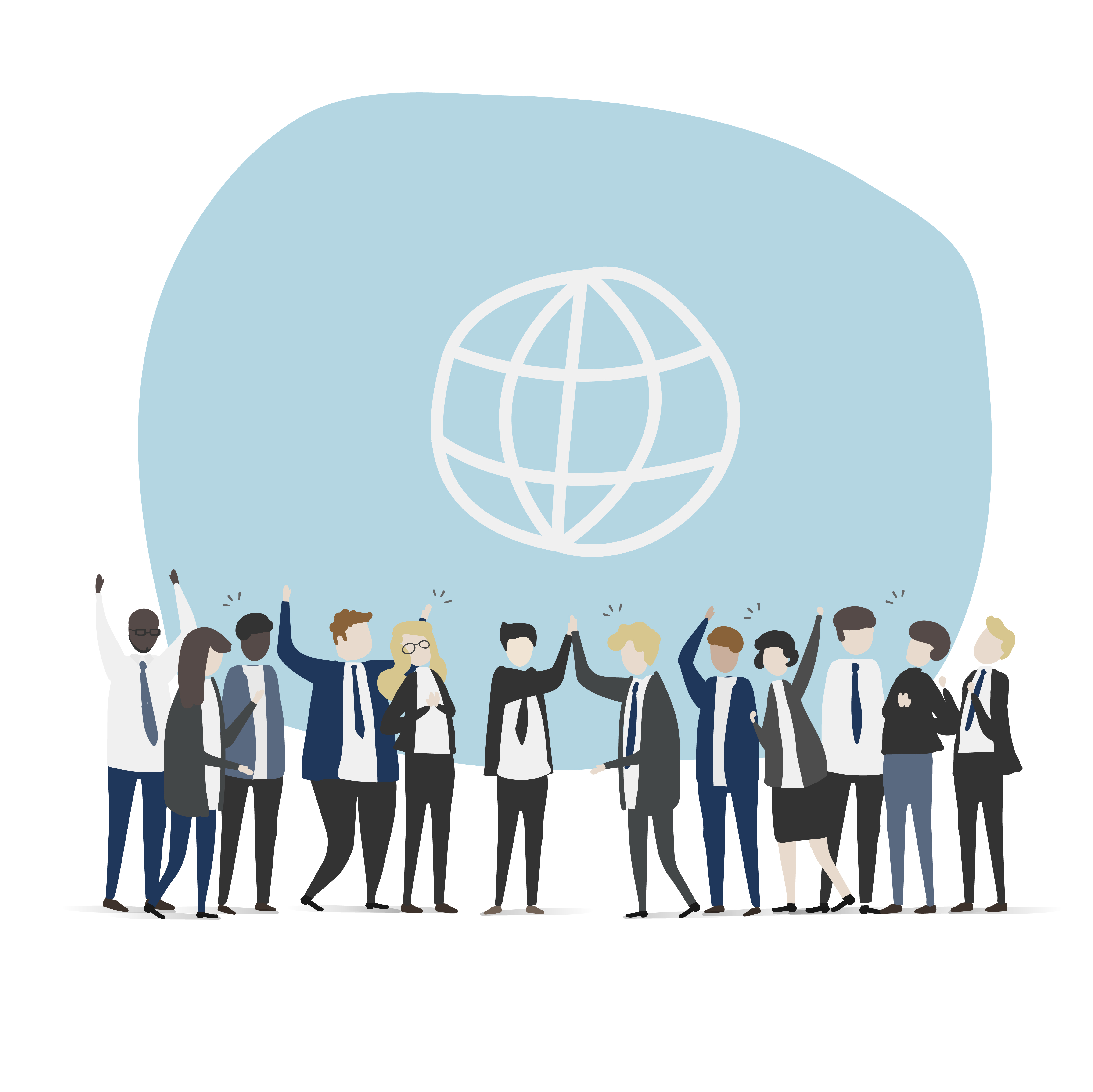 Groep diverse zakelijke professionals die samen vieren voor een wereldbol-icoon, symbool voor internationaal netwerken op bedrijfsevenementen