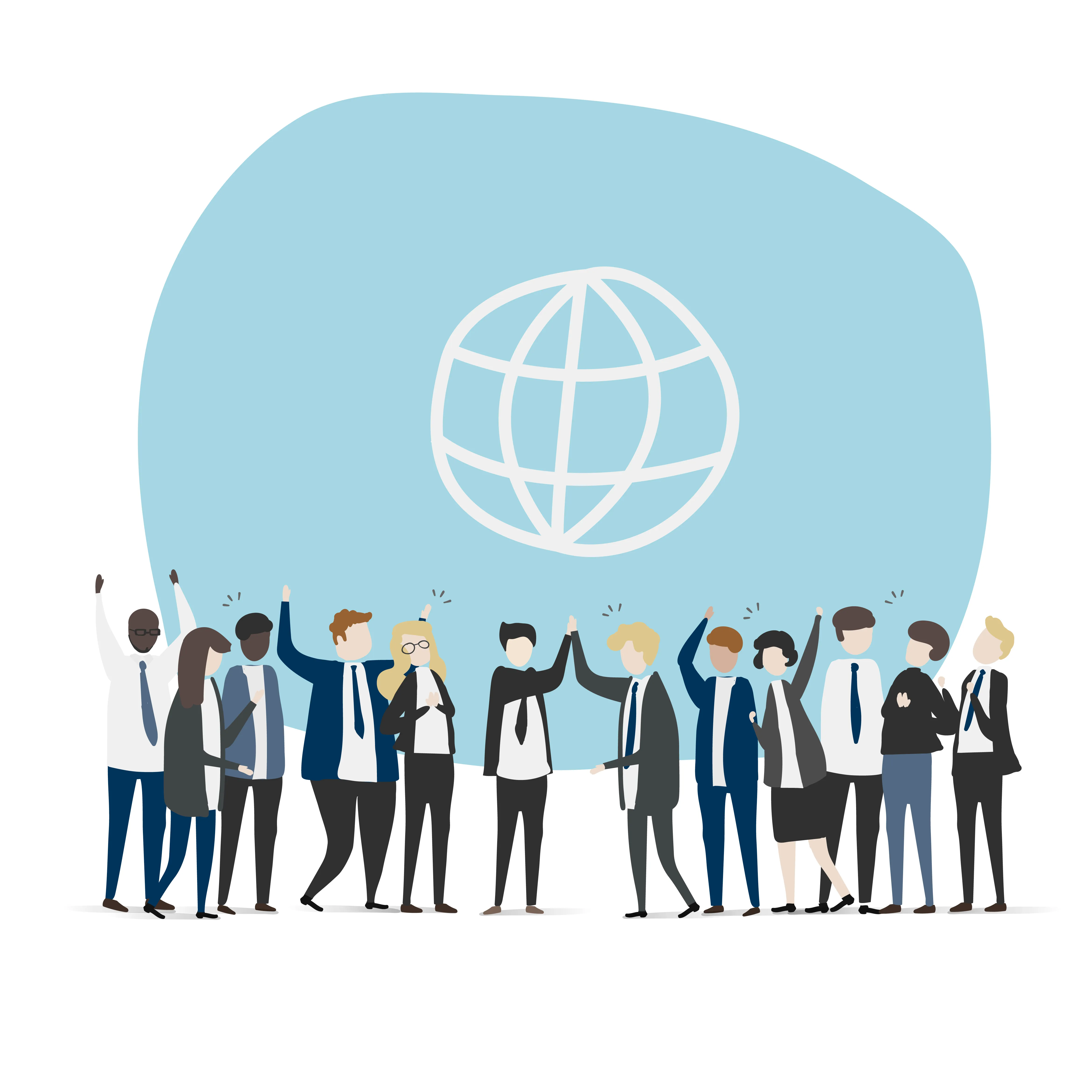 Groep diverse zakelijke professionals die samen vieren voor een wereldbol-icoon, symbool voor internationaal netwerken op bedrijfsevenementen