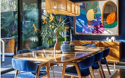 mecaza chasseur immobilier salle à manger décoration bleu orange