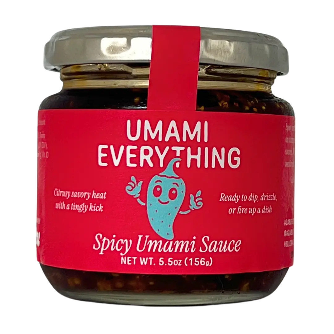 Azabu Foods Umami Everything Spicy 🌶️🔥 jar wrapped in traditional Japanese washi paper with red twine, showcasing the spicy Japanese umami condiment made with miso, yuzu, and chili.