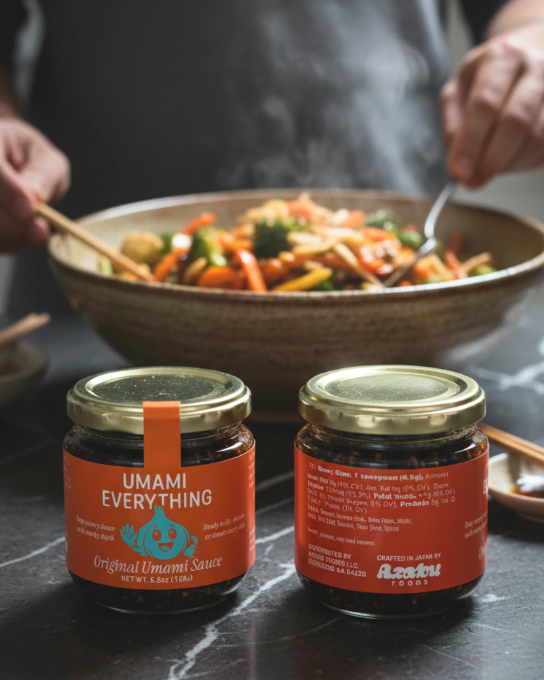 Jar of Azabu Foods’ Original Umami Everything Sauce placed on a white surface with a gold spoonful of sauce in front, surrounded by blue-and-white ceramic bowls and a bowl of rice in the background, highlighting the product’s vibrant packaging and everyday kitchen versatility.