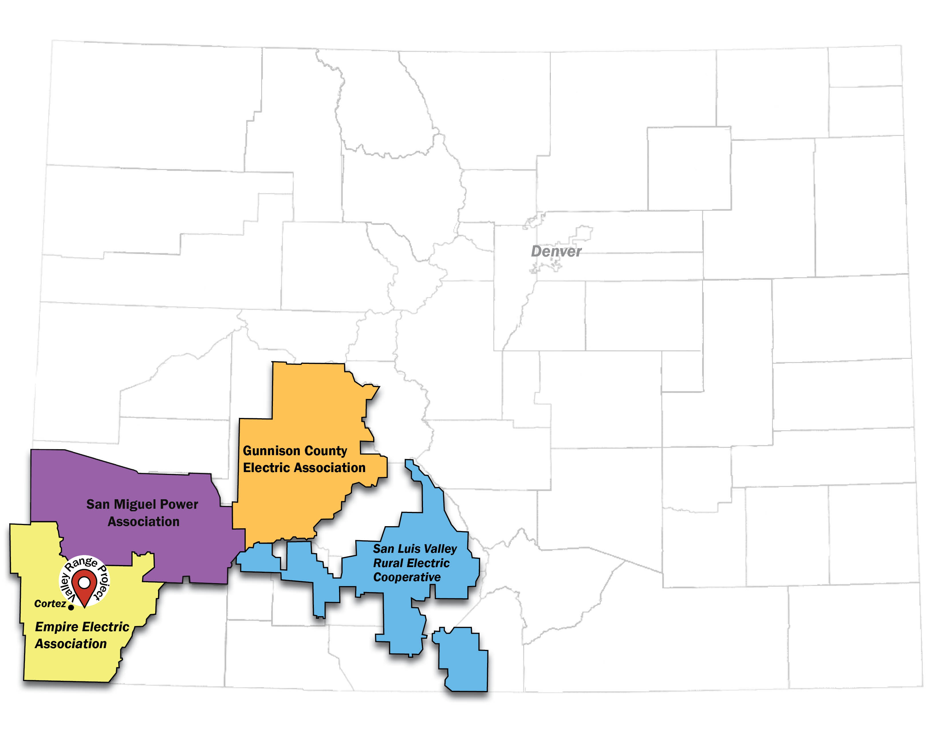 Map of Colorado showing the service areas of Empire Electric Association, San Miguel Power Association, Gunnison County Electric Association and San Luis Valley Rural Electric Cooperative, with the Valley Range project near Cortez