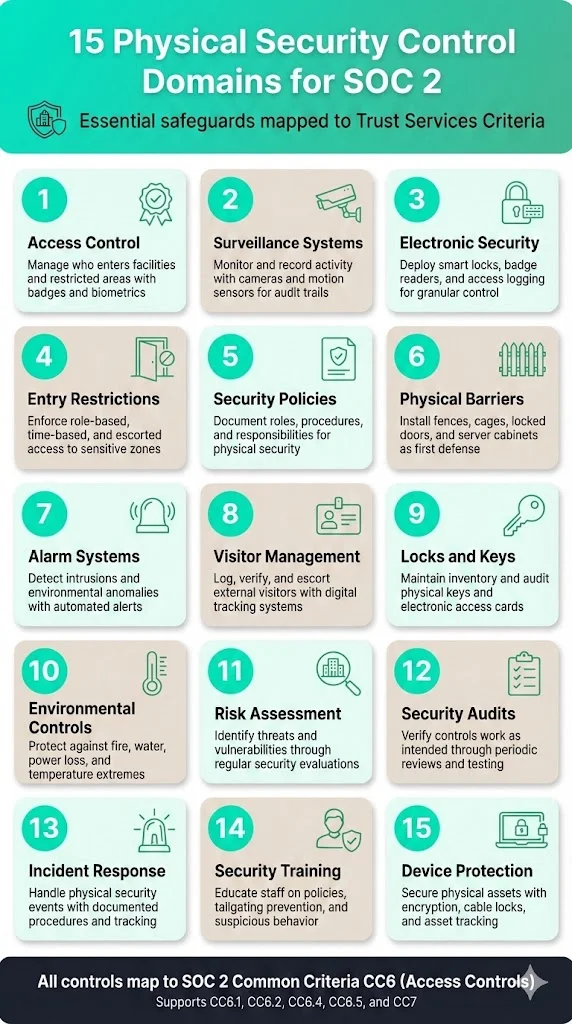 Key physical security control domains for SOC 2