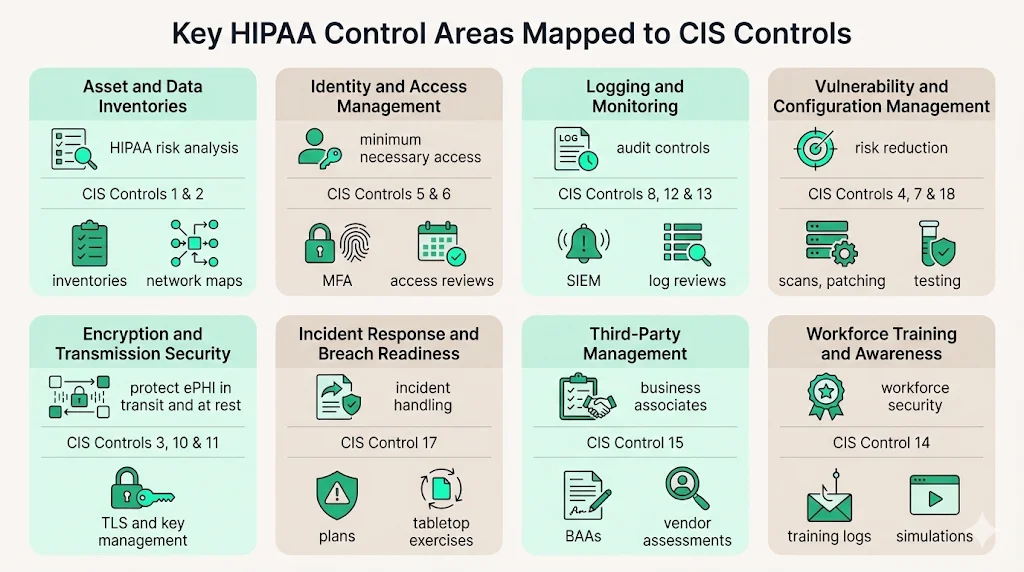 Key HIPAA control areas mapped to CIS Controls
