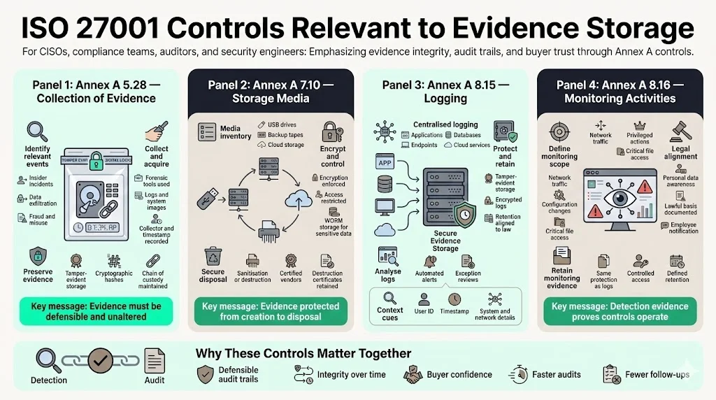 ISO 27001 controls relevant to evidence storage