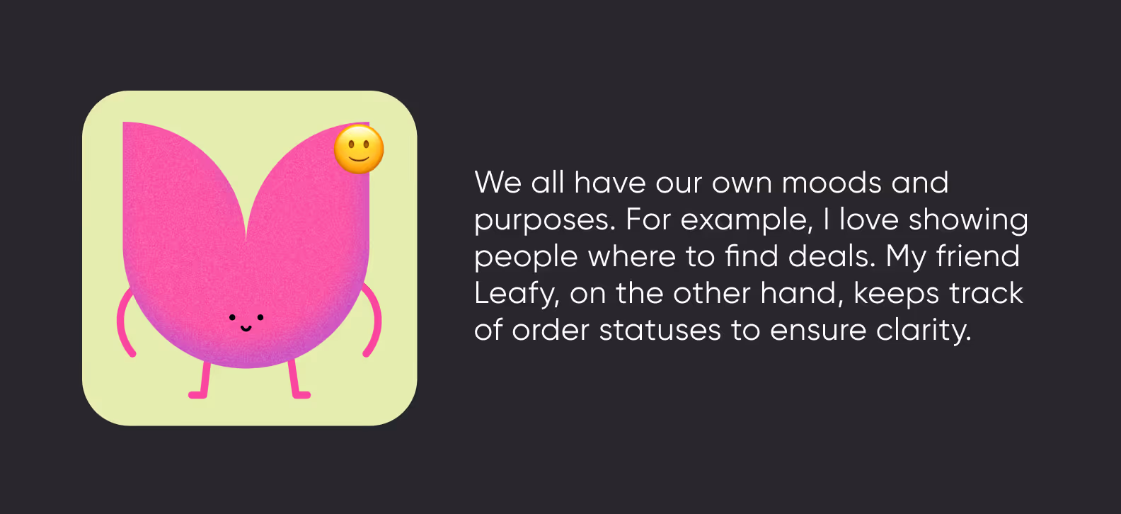 Cards with mascot explaining their role in the interface: how characters help users navigate and create emotion