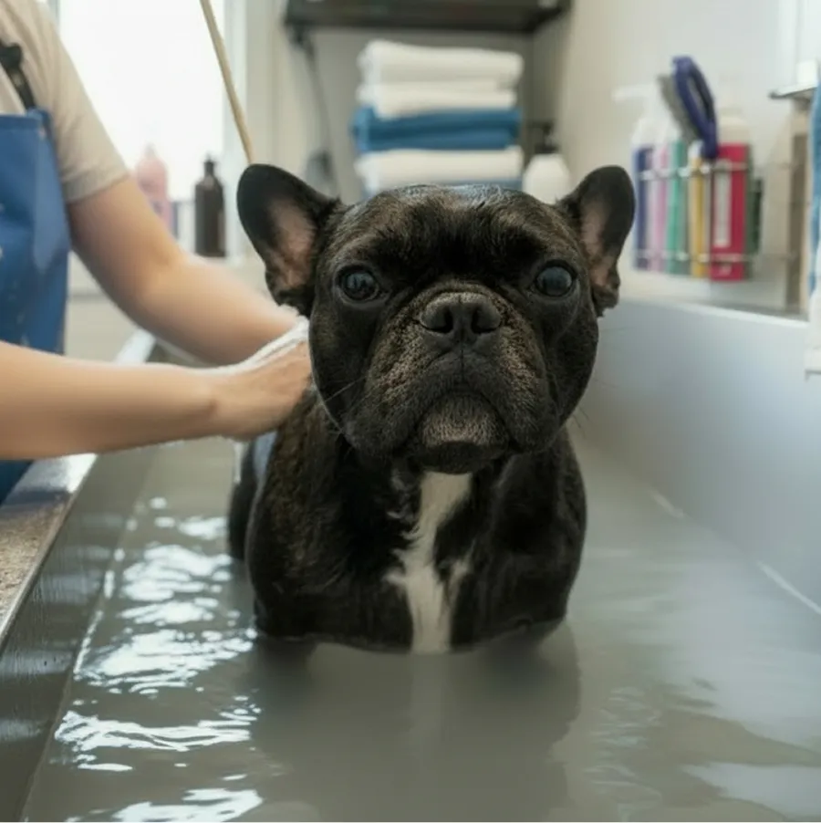 A short haired dog being bathed by a groomer in a deep professional bath