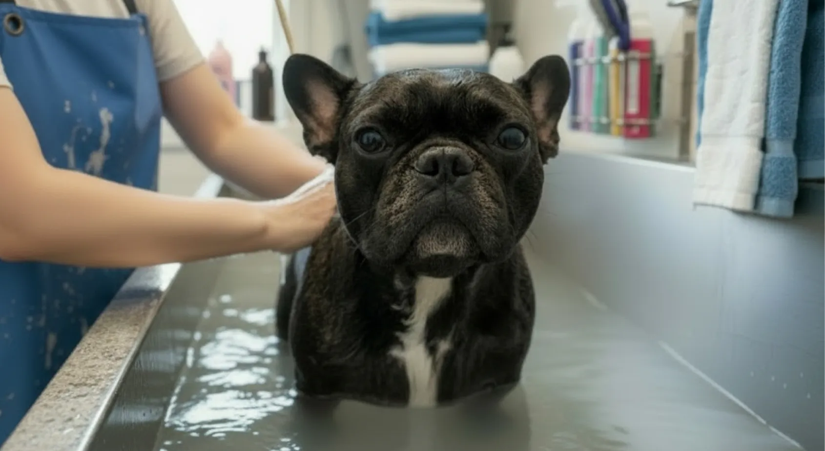 A short haired dog being bathed by a groomer in a deep professional bath