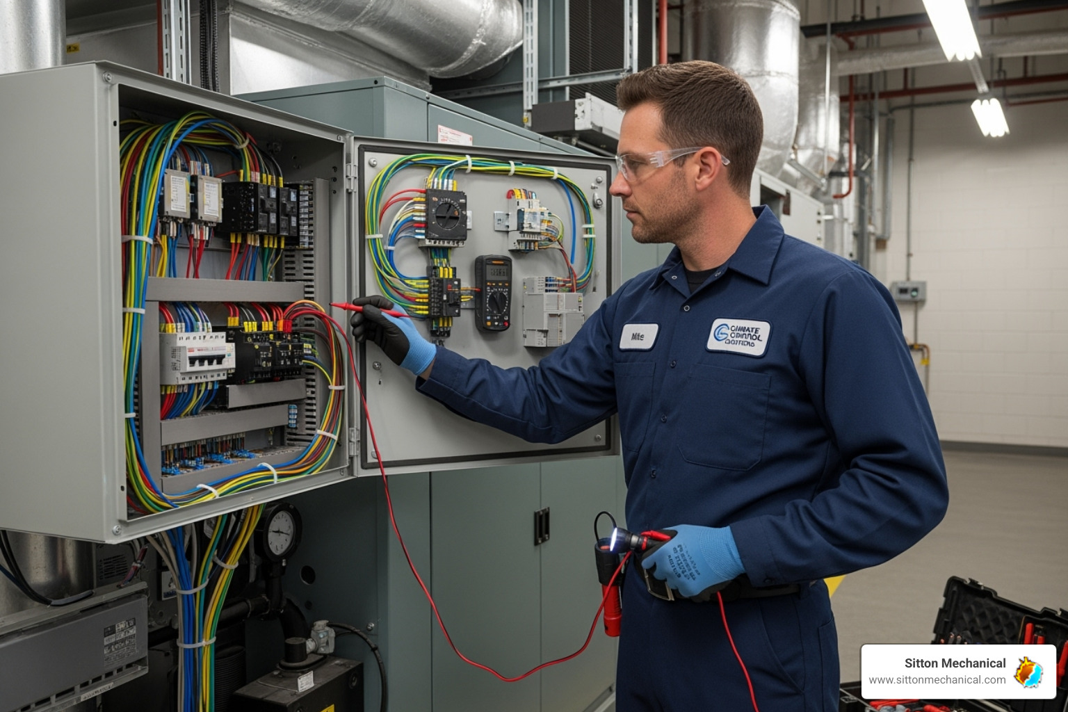 Technician inspecting an HVAC system's electrical panel - Commercial HVAC maintenance