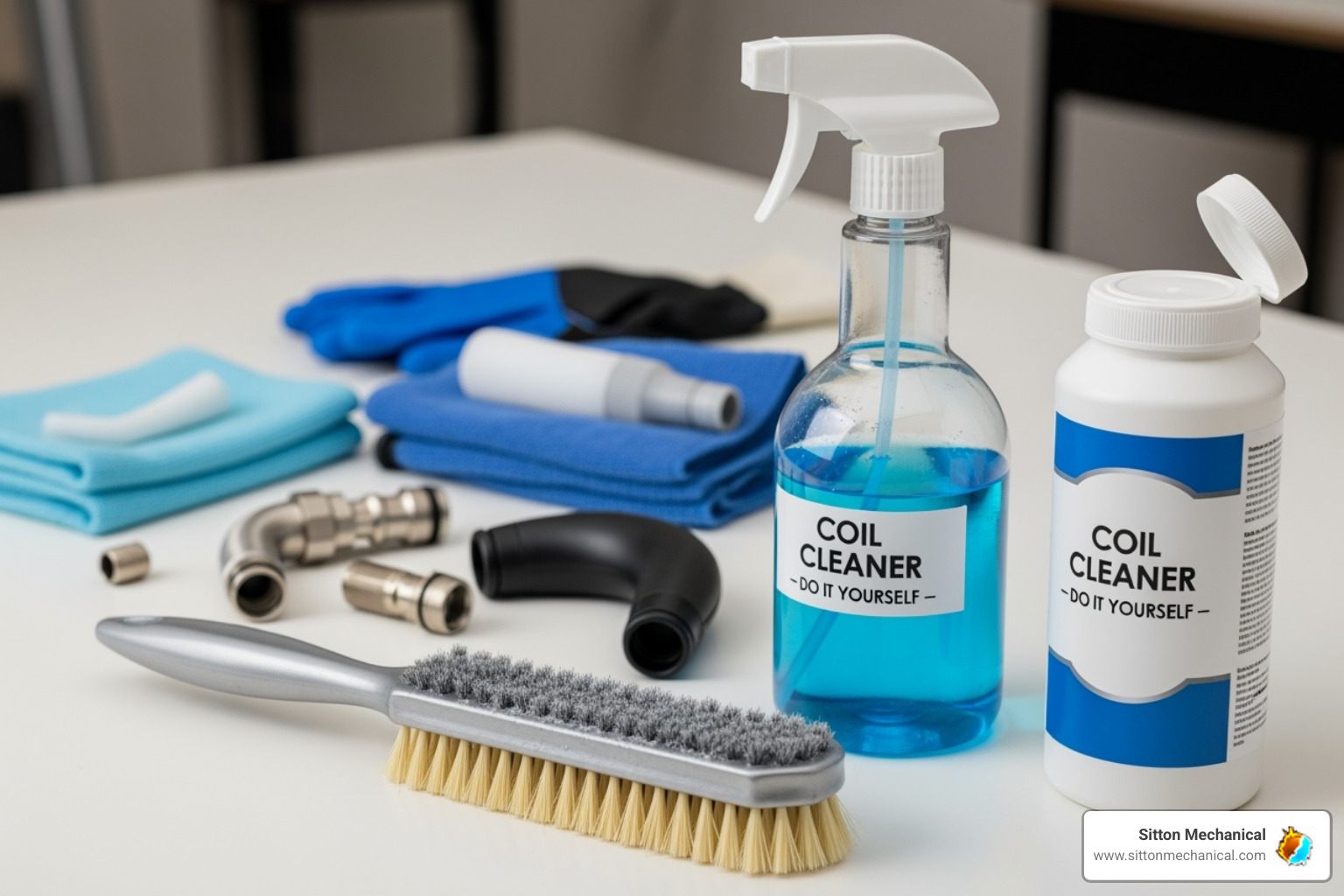 DIY tools for coil cleaning like a soft brush, spray bottle, and coil cleaner - AC coil cleaning Stillwater