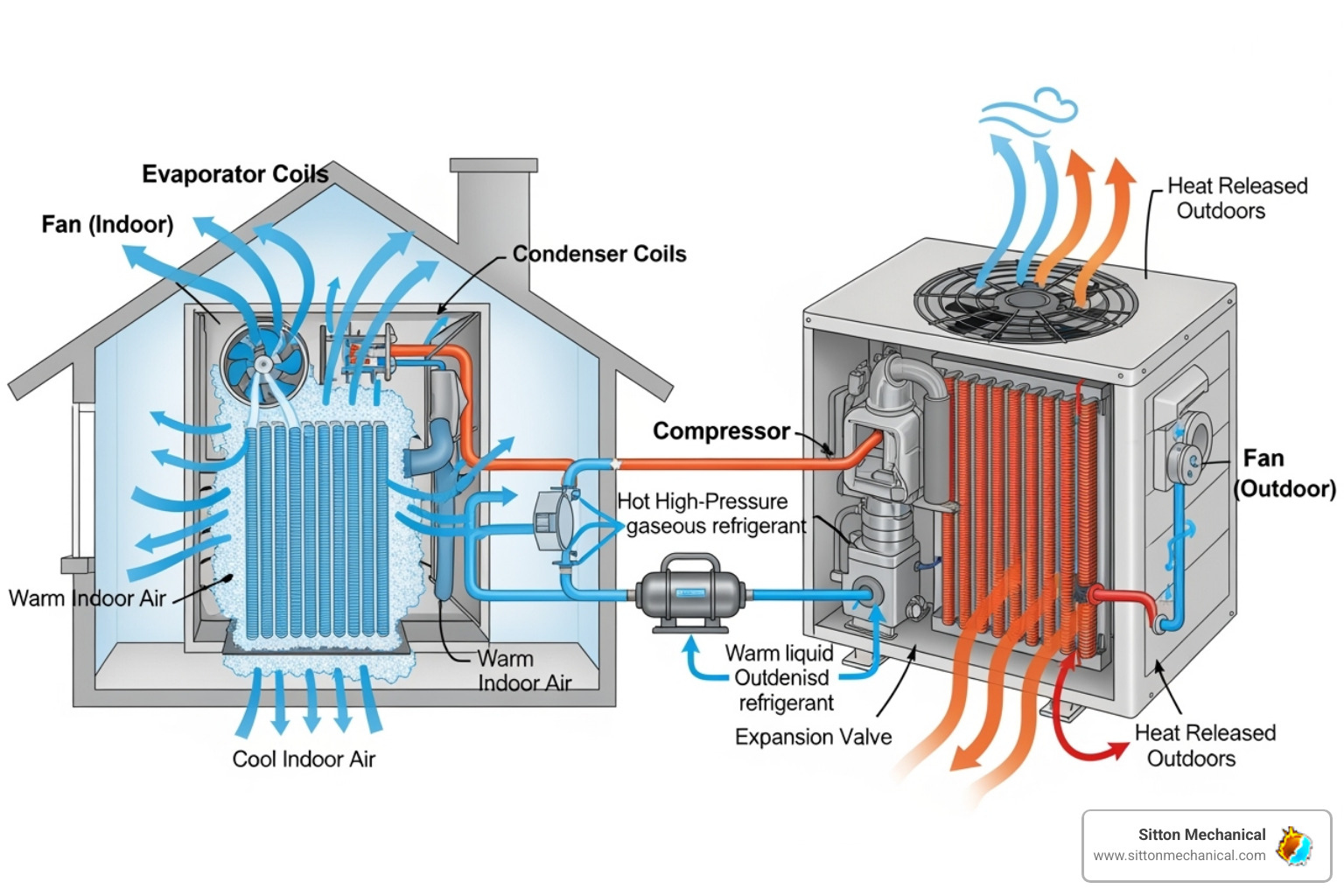 Diagram showing evaporator and condenser coils in an AC system - AC coil cleaning Stillwater