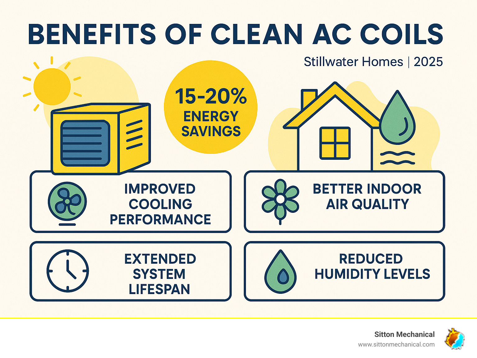 Infographic showing the benefits of clean AC coils including 15-20% energy savings, improved cooling performance, extended system lifespan, better indoor air quality, and reduced humidity levels in Stillwater homes - AC coil cleaning Stillwater infographic 