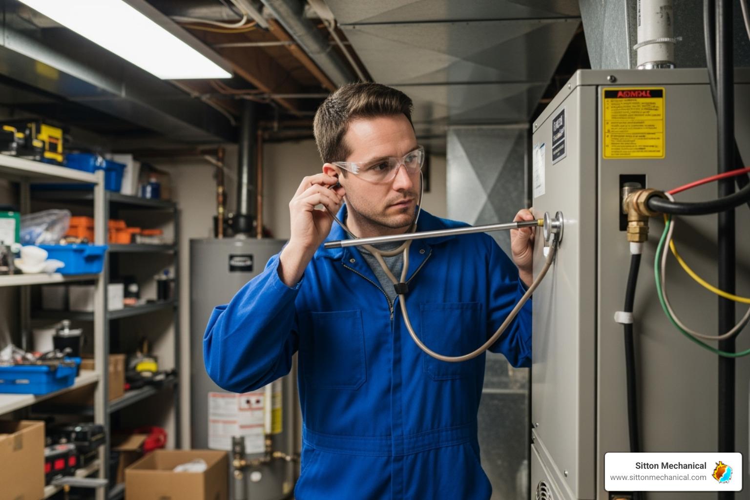 a technician listening to a geothermal unit - Geothermal heat pump repair