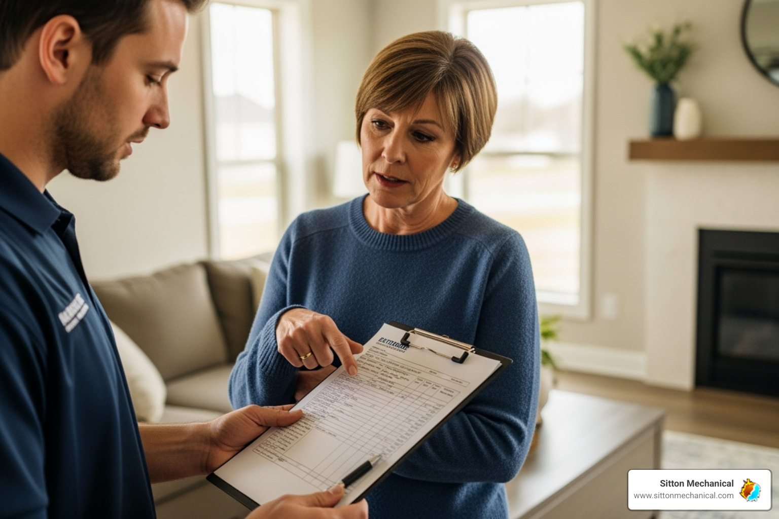 homeowner reviewing a detailed written estimate with a technician - AC repair estimates