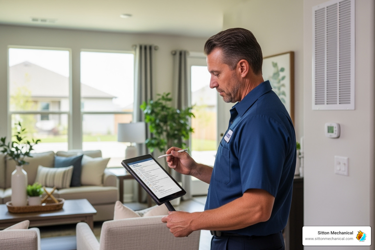 technician performing a home assessment with a tablet - HVAC system replacement