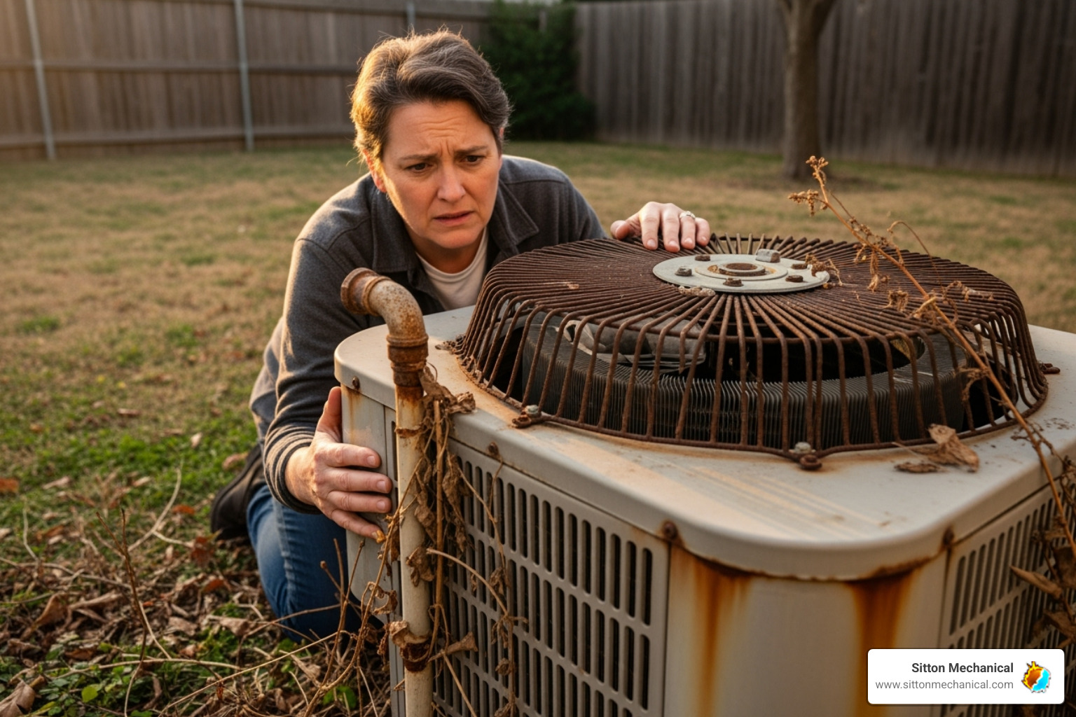 homeowner looking concerned at an old, rusty HVAC unit - HVAC system replacement