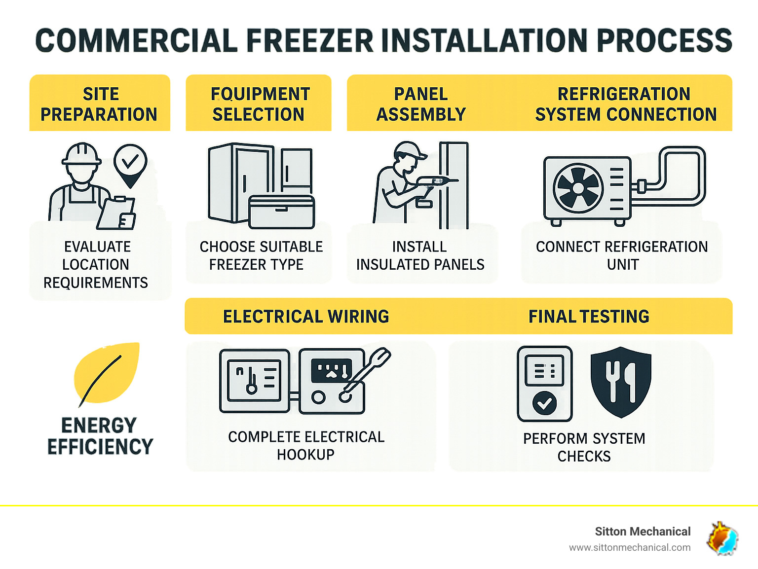 Commercial freezer installation process infographic showing site preparation, equipment selection, panel assembly, refrigeration system connection, electrical wiring, and final testing with energy efficiency and food safety benefits highlighted - commercial freezer installation infographic 