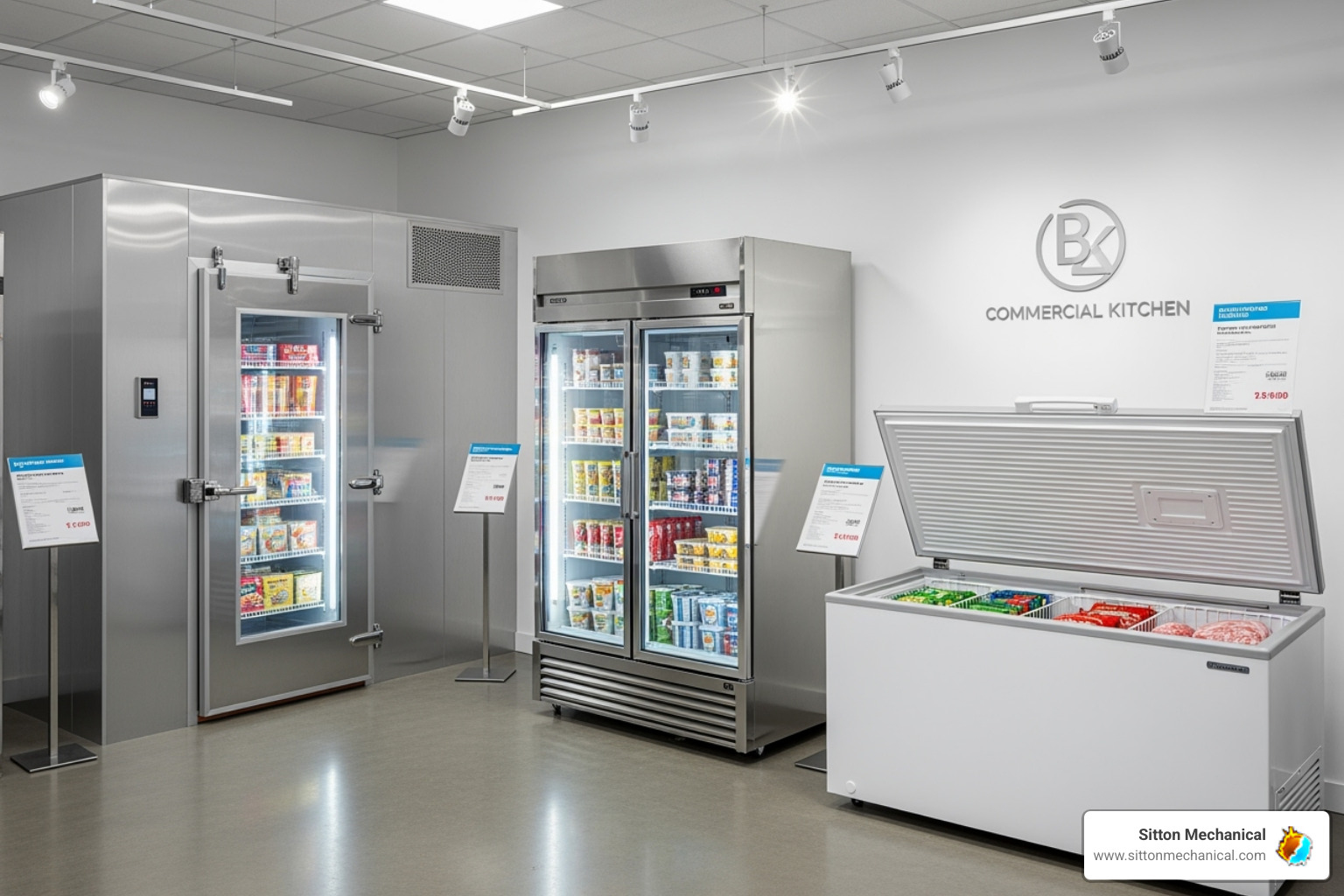 Image of various commercial freezer types (walk-in, reach-in, chest freezer) in a showroom setting - commercial freezer installation