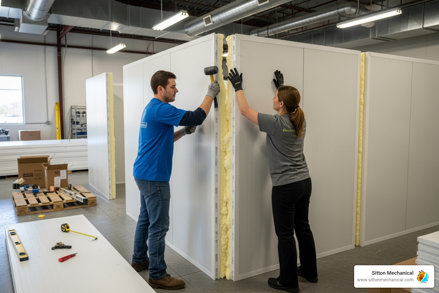 Image of technicians assembling the panels of a walk-in freezer - commercial freezer installation