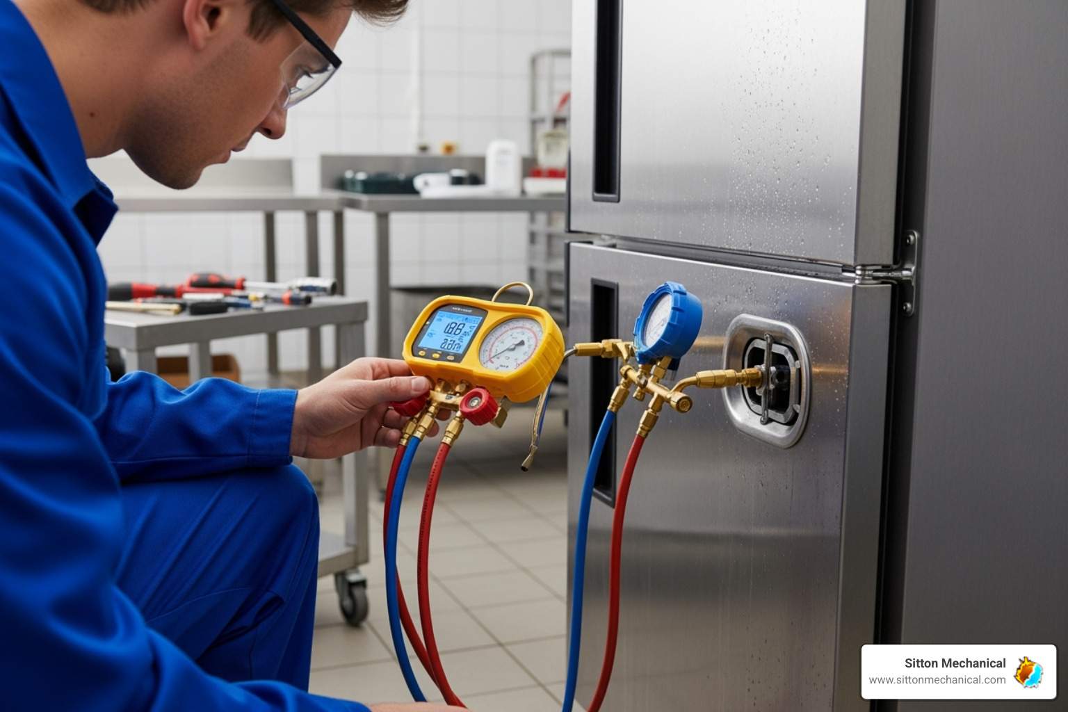 Image of a technician using a digital manifold gauge to check freezer pressures - commercial freezer installation