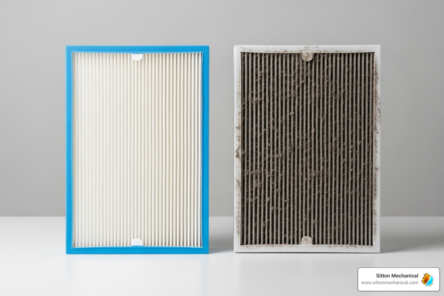 comparing a clean white air filter to a dirty grey one - HVAC system not heating