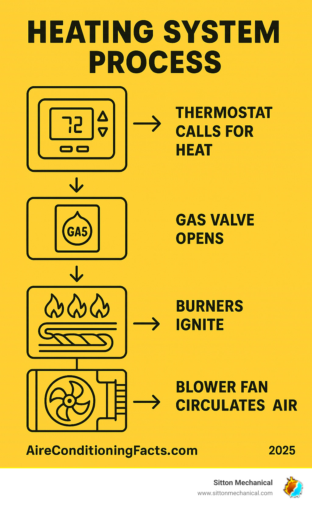 Comprehensive infographic showing the heating system process: thermostat calls for heat, gas valve opens, burners ignite, heat exchanger warms air, blower fan circulates heated air through ducts to vents throughout the home - HVAC system not heating infographic 