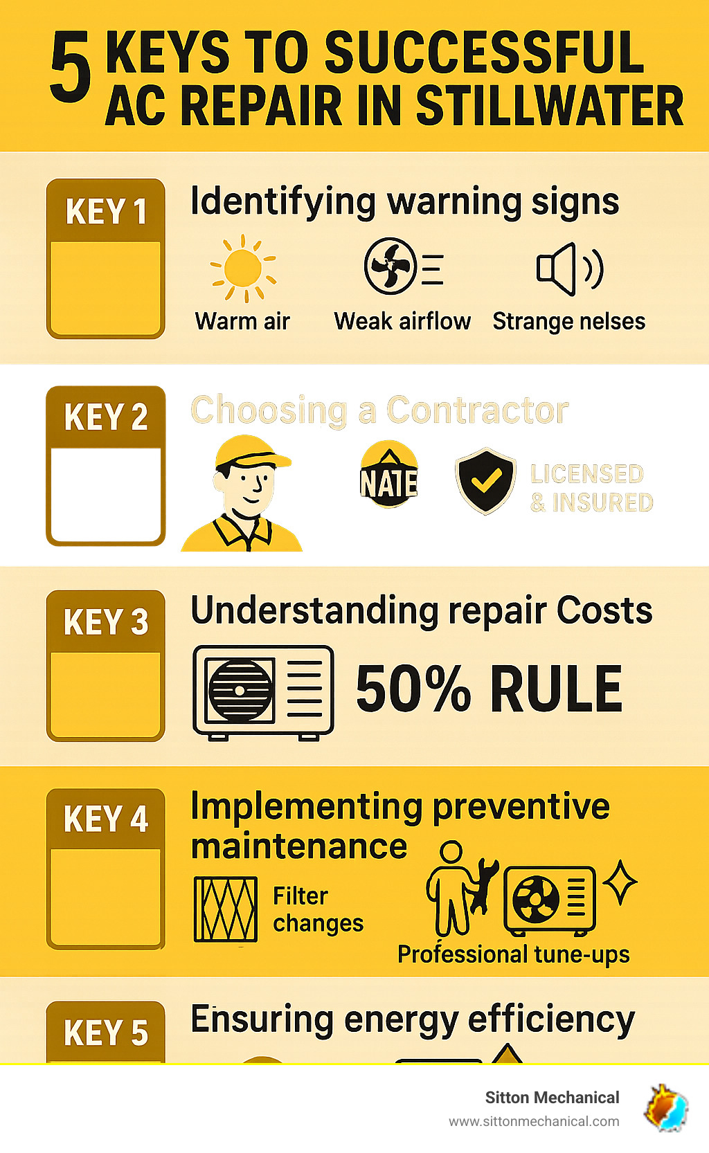 Infographic showing the 5 keys to successful AC repair in Stillwater: Key 1 - Identifying warning signs like warm air, weak airflow, and strange noises; Key 2 - Choosing a licensed, insured, NATE-certified local contractor; Key 3 - Understanding repair costs versus replacement decisions using the 50% rule; Key 4 - Implementing preventive maintenance including filter changes and professional tune-ups; Key 5 - Ensuring energy efficiency through proper repairs and system optimization - air conditioner repair stillwater infographic 