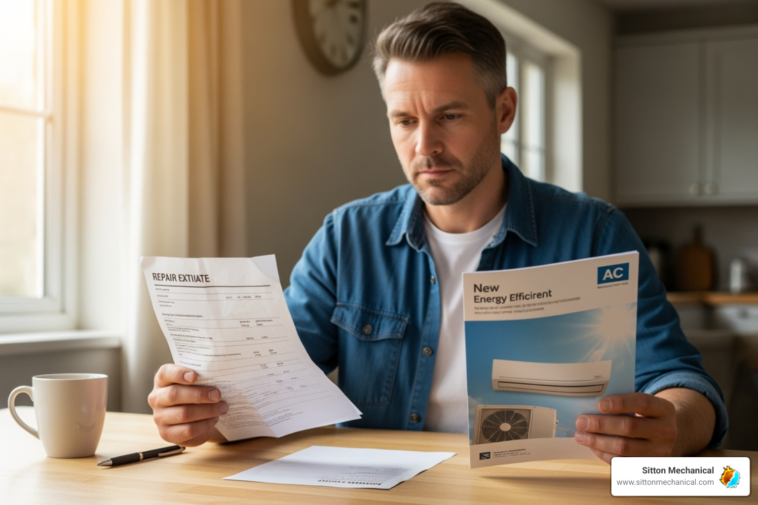 Homeowner comparing a repair estimate with a brochure for a new, energy-efficient AC unit - air conditioner repair stillwater
