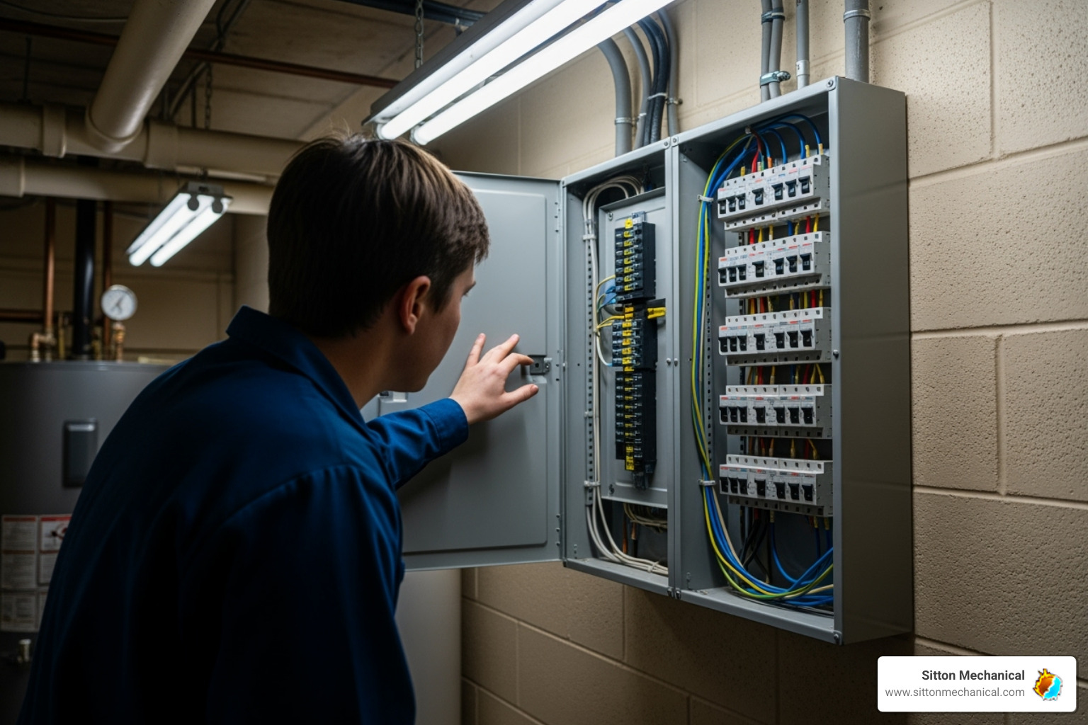 Image of a person checking the circuit breaker panel in a commercial setting. - cooler not working orlando Image of a person checking the circuit breaker panel in a commercial setting. - cooler not working orlando