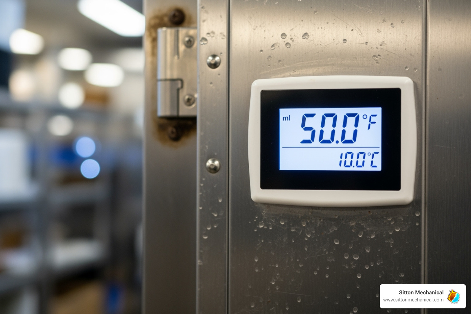 Image of a digital thermostat on a walk-in cooler showing a high temperature reading. - cooler not working orlando Image of a digital thermostat on a walk-in cooler showing a high temperature reading. - cooler not working orlando