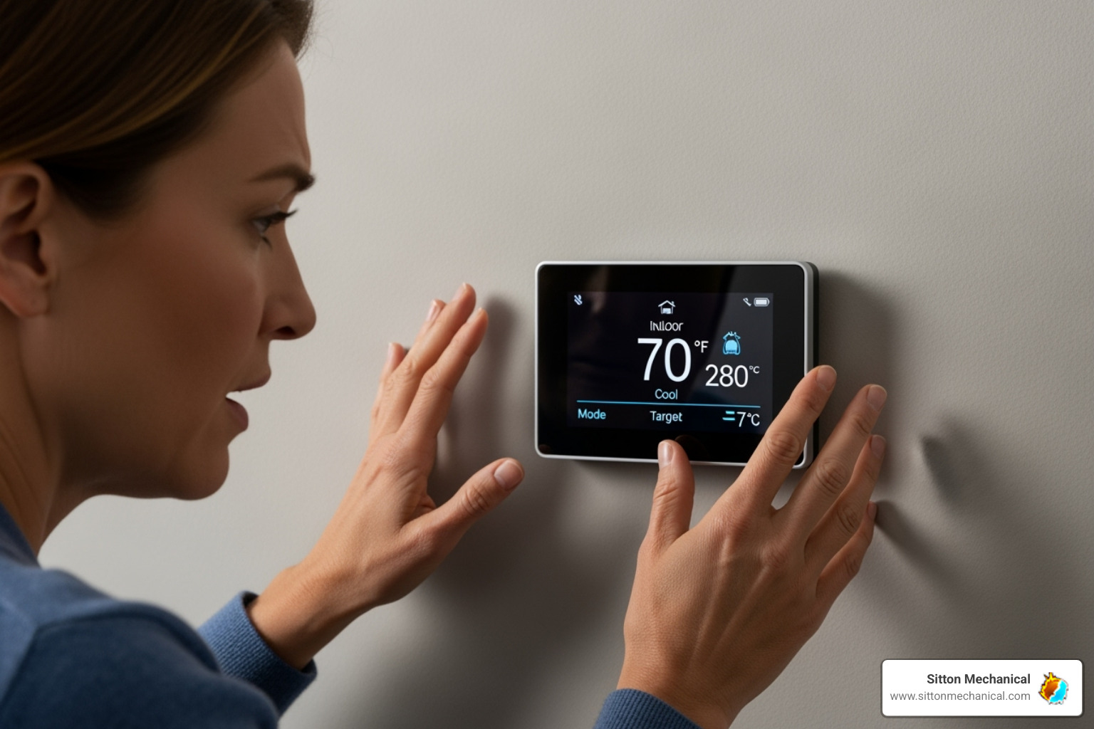 person looking at a thermostat with a concerned expression - heating repair cushing ok