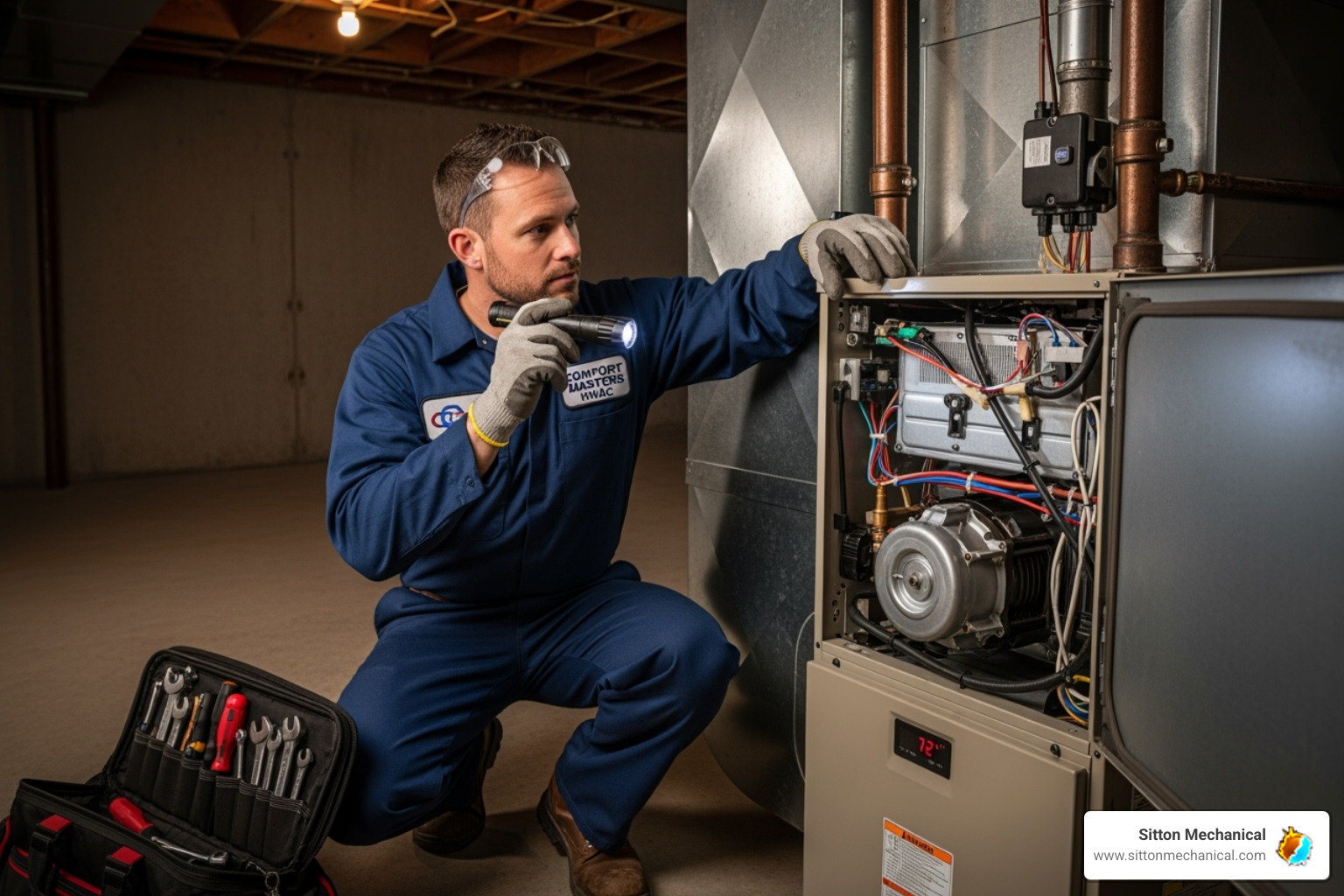 image of a certified technician inspecting a furnace - furnace repair stillwater ok