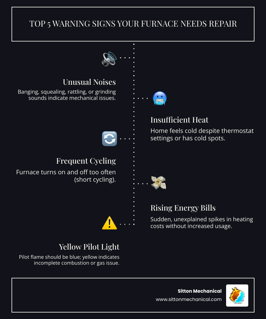 Infographic showing top 5 warning signs your furnace needs repair in Stillwater OK: unusual noises like banging or squealing, insufficient heating or cold spots, frequent on-off cycling, sudden increase in energy bills, and yellow pilot light flame instead of blue - furnace repair stillwater ok infographic infographic-line-5-steps-dark
