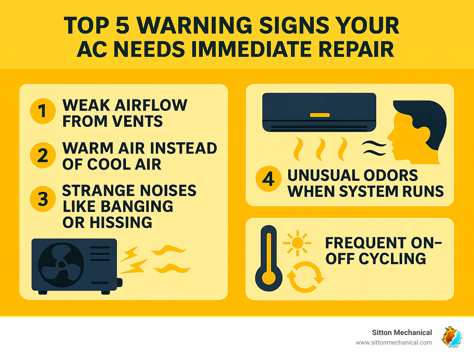 Infographic showing the top 5 warning signs your AC needs immediate repair: weak airflow from vents, warm air instead of cool air, strange noises like banging or hissing, unusual odors when system runs, and frequent on-off cycling - ac repair cushing ok infographic 