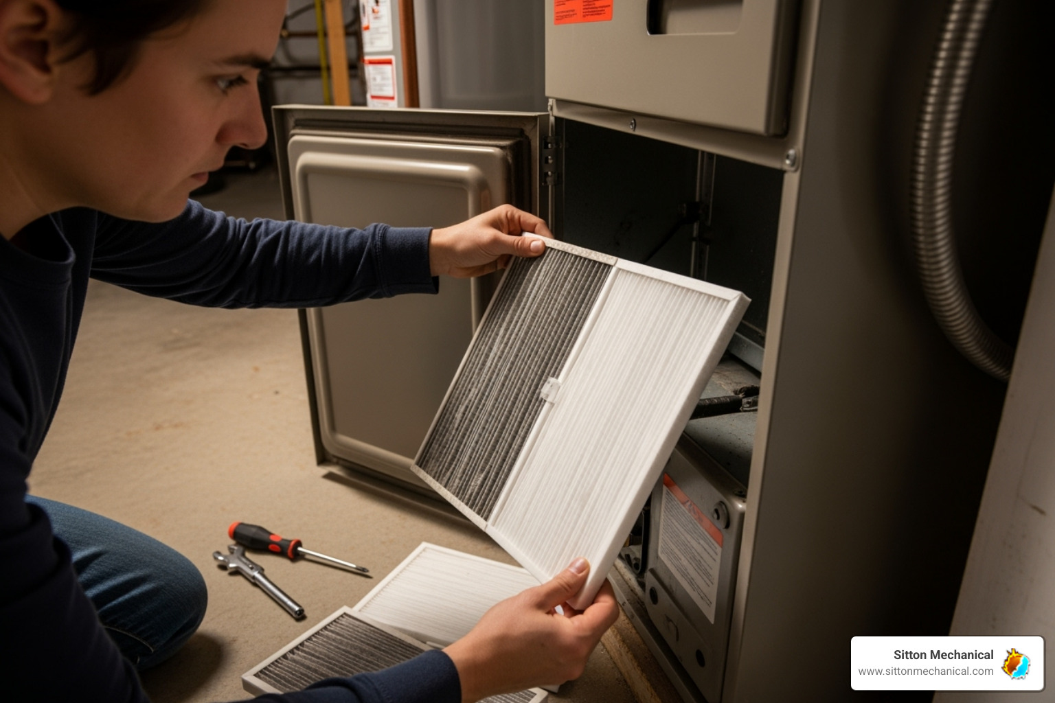 person checking air filter on HVAC unit - ac repair cushing ok