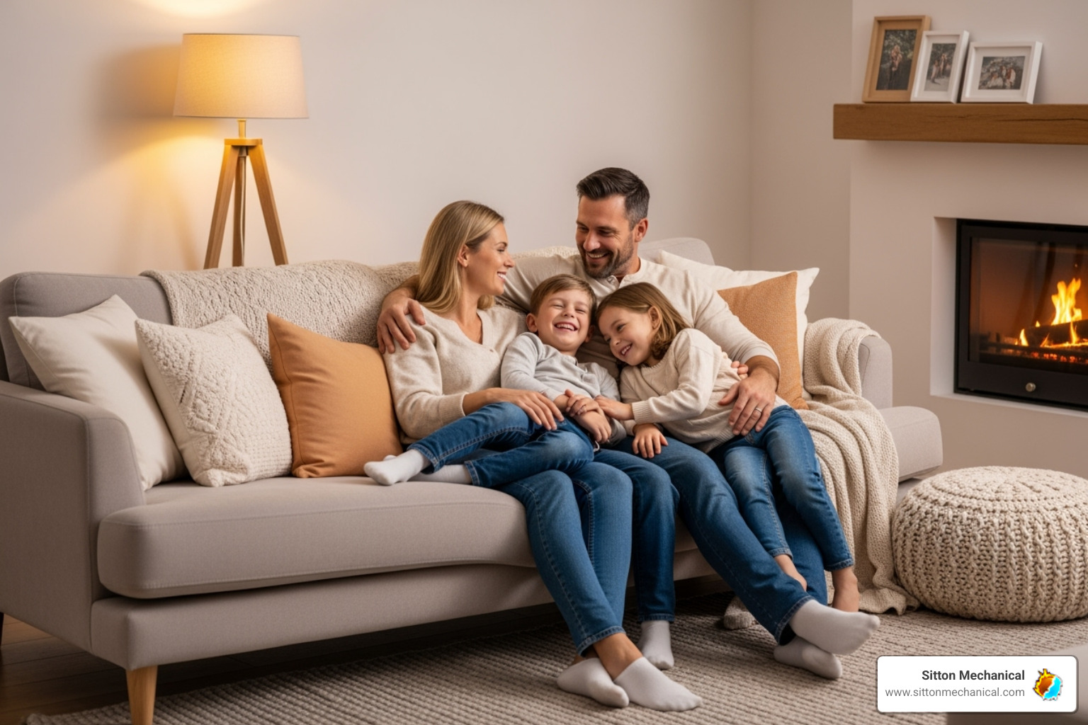 a happy family relaxing in a warm, comfortable home - furnace repair near me orlando