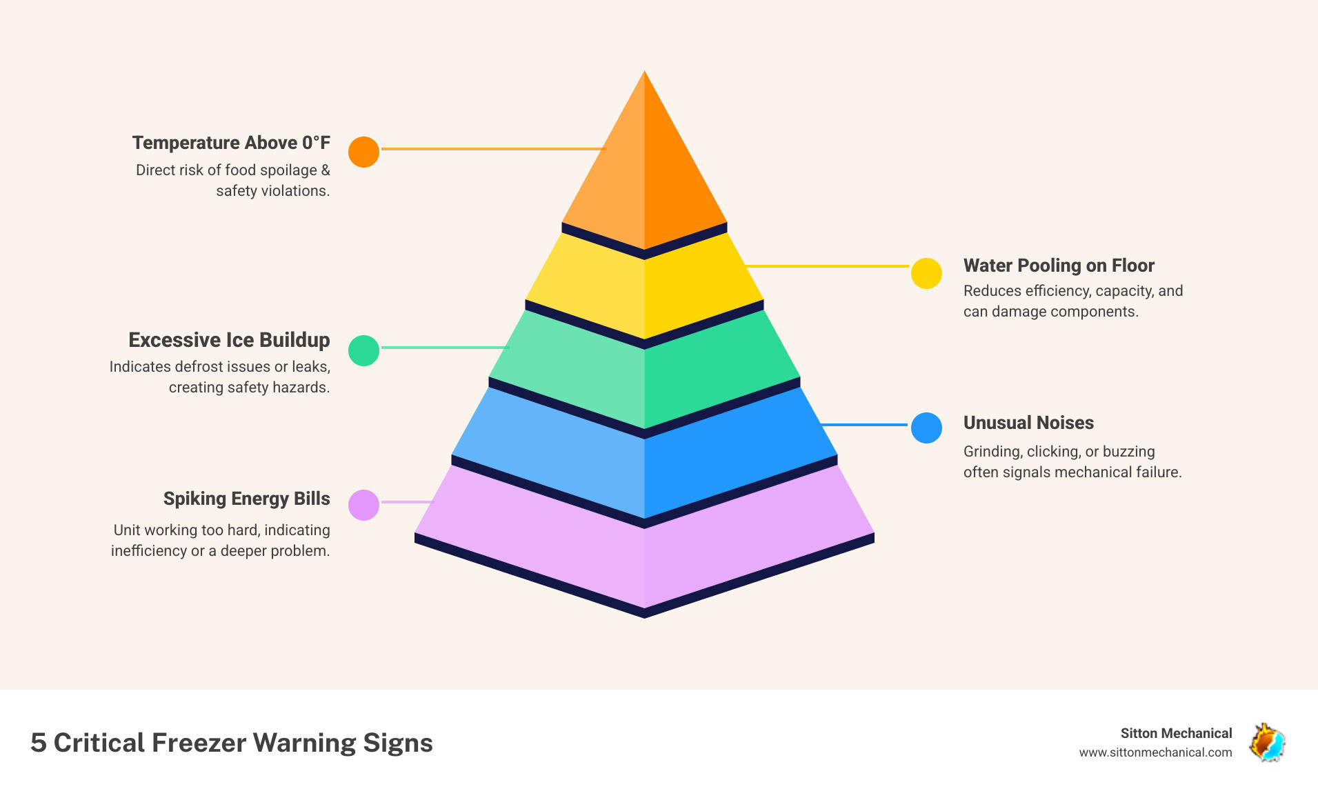 Infographic showing the top 5 warning signs of commercial freezer failure: temperature above 0°F, unusual grinding or clicking noises, excessive ice buildup on walls, water pooling on floor, and energy bills increasing by more than 20% - commercial freezer repair stillwater infographic pyramid-hierarchy-5-steps