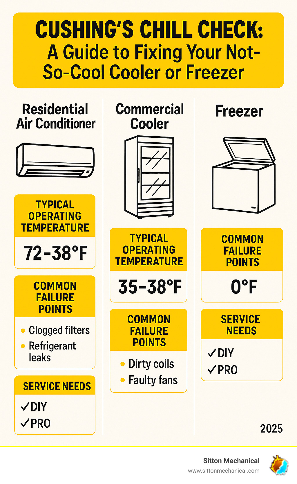 Infographic showing the differences between residential air conditioners, commercial coolers, and freezer units, including their typical operating temperatures, common failure points, and when each system typically needs professional service versus DIY fixes - cooler not working cushing infographic 