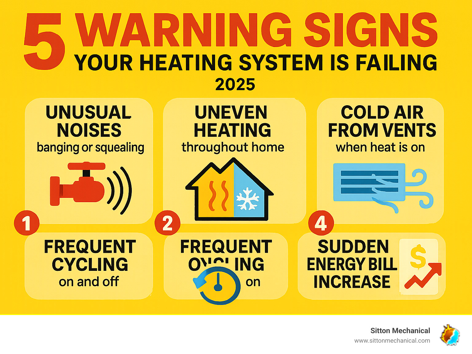 Infographic showing the top 5 warning signs your heating system is failing: unusual noises like banging or squealing, uneven heating throughout your home, frequent cycling on and off, cold air from vents when heat is on, and sudden increases in energy bills - home heating repair orlando ok infographic Infographic showing the top 5 warning signs your heating system is failing: unusual noises like banging or squealing, uneven heating throughout your home, frequent cycling on and off, cold air from vents when heat is on, and sudden increases in energy bills - home heating repair orlando ok infographic