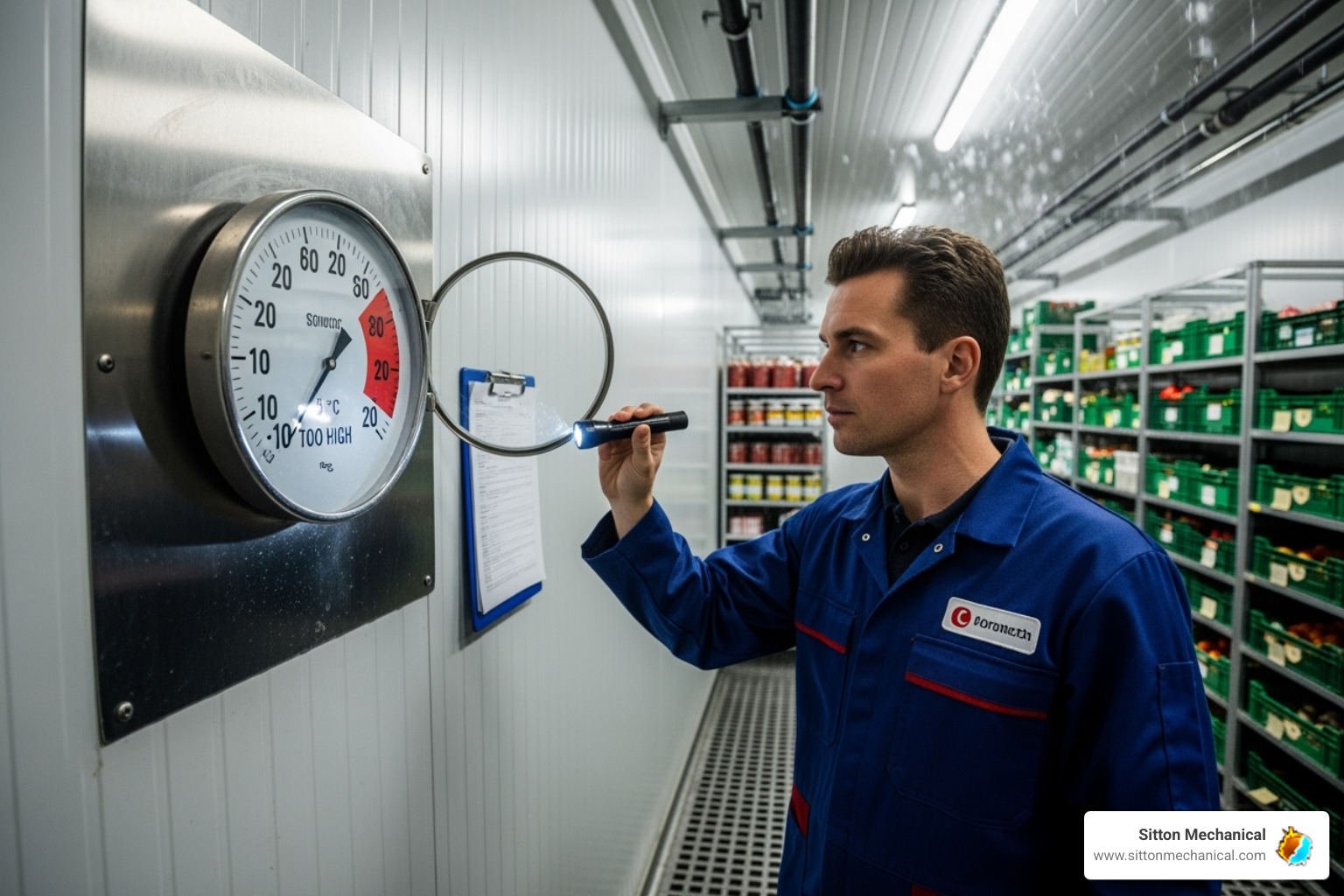A technician inspecting a walk-in cooler's temperature gauge, showing a temperature that is too high - commercial refrigeration repair orlando A technician inspecting a walk-in cooler's temperature gauge, showing a temperature that is too high - commercial refrigeration repair orlando
