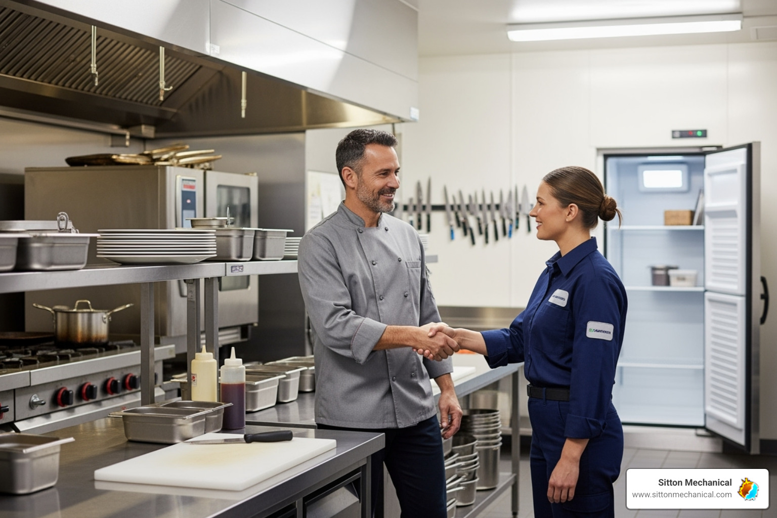 A satisfied restaurant owner shaking hands with a technician in a commercial kitchen - commercial refrigeration repair orlando A satisfied restaurant owner shaking hands with a technician in a commercial kitchen - commercial refrigeration repair orlando