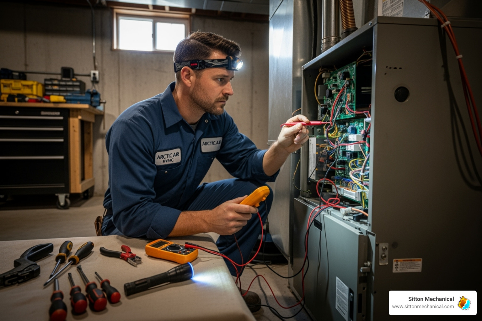 professional, uniformed technician diagnosing a furnace - heater repair cushing professional, uniformed technician diagnosing a furnace - heater repair cushing