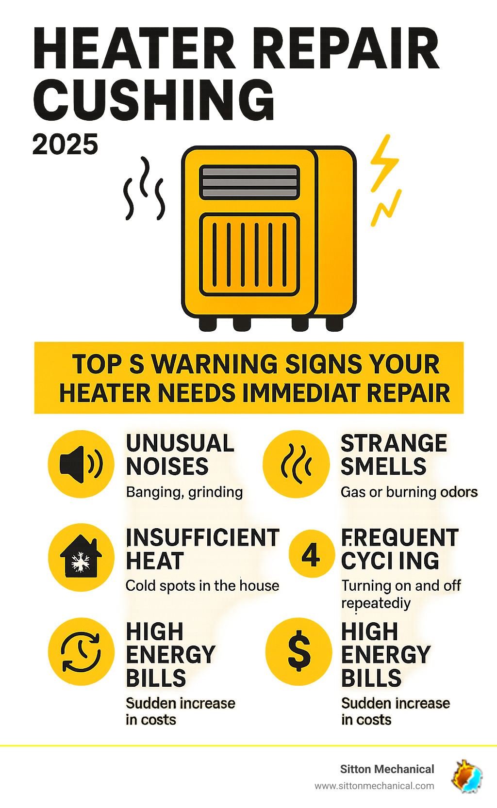 Infographic showing the top 5 warning signs that indicate a heater needs immediate repair in Cushing homes: unusual noises like banging or grinding, strange smells including gas or burning odors, insufficient heat or cold spots throughout the house, frequent on-off cycling, and sudden increases in energy bills - heater repair cushing infographic Infographic showing the top 5 warning signs that indicate a heater needs immediate repair in Cushing homes: unusual noises like banging or grinding, strange smells including gas or burning odors, insufficient heat or cold spots throughout the house, frequent on-off cycling, and sudden increases in energy bills - heater repair cushing infographic