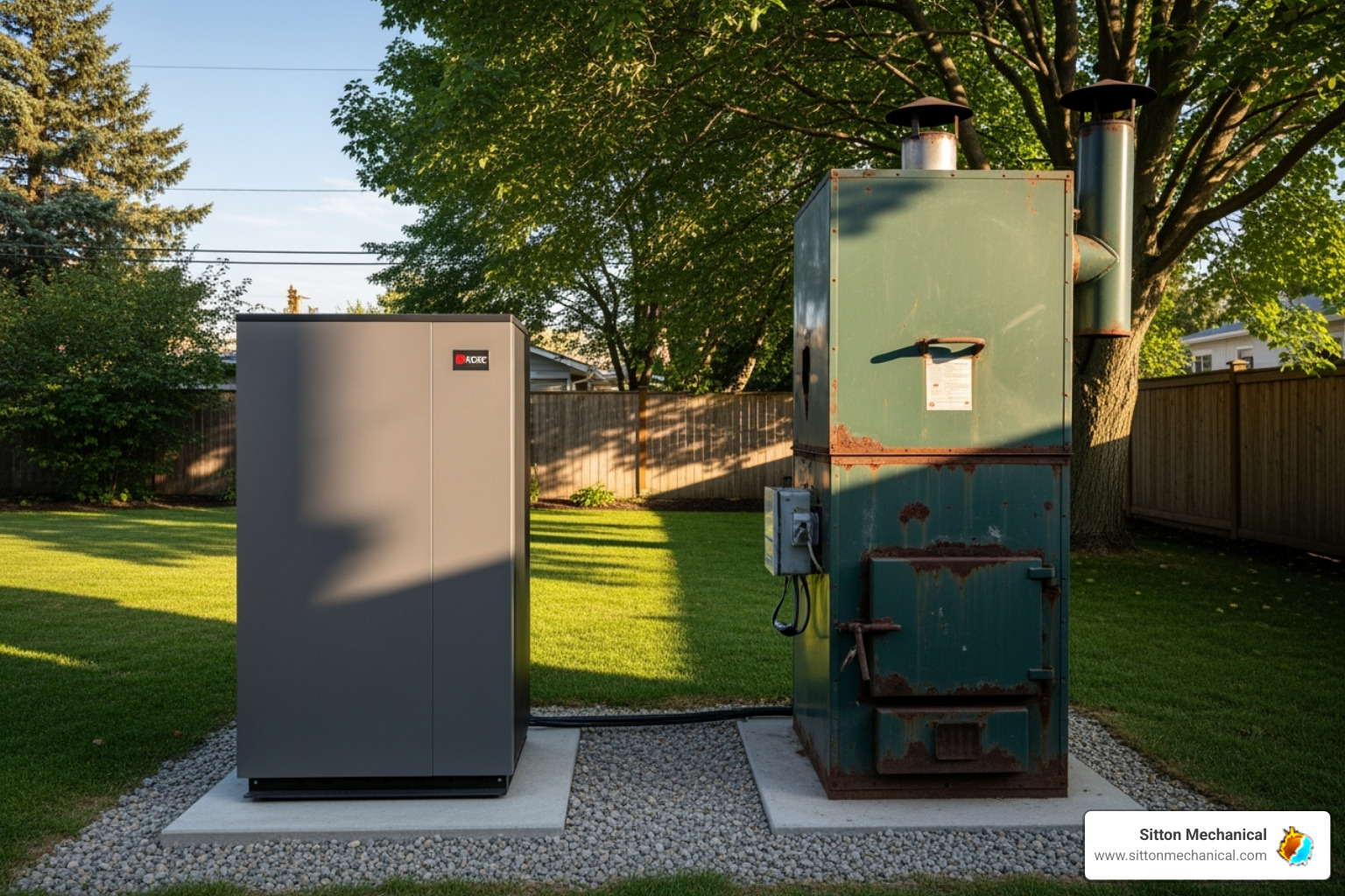 modern heat pump unit next to older furnace - furnace efficiency stillwater