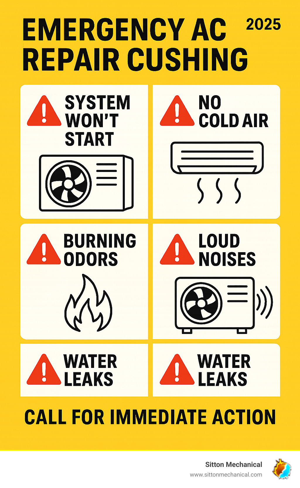 Infographic showing the top 5 emergency AC repair warning signs: system won't start, no cold air output, strange burning odors, loud grinding or screeching noises, and water leaks around the unit, with red alert icons and immediate action steps for Cushing homeowners - emergency ac repair cushing infographic 