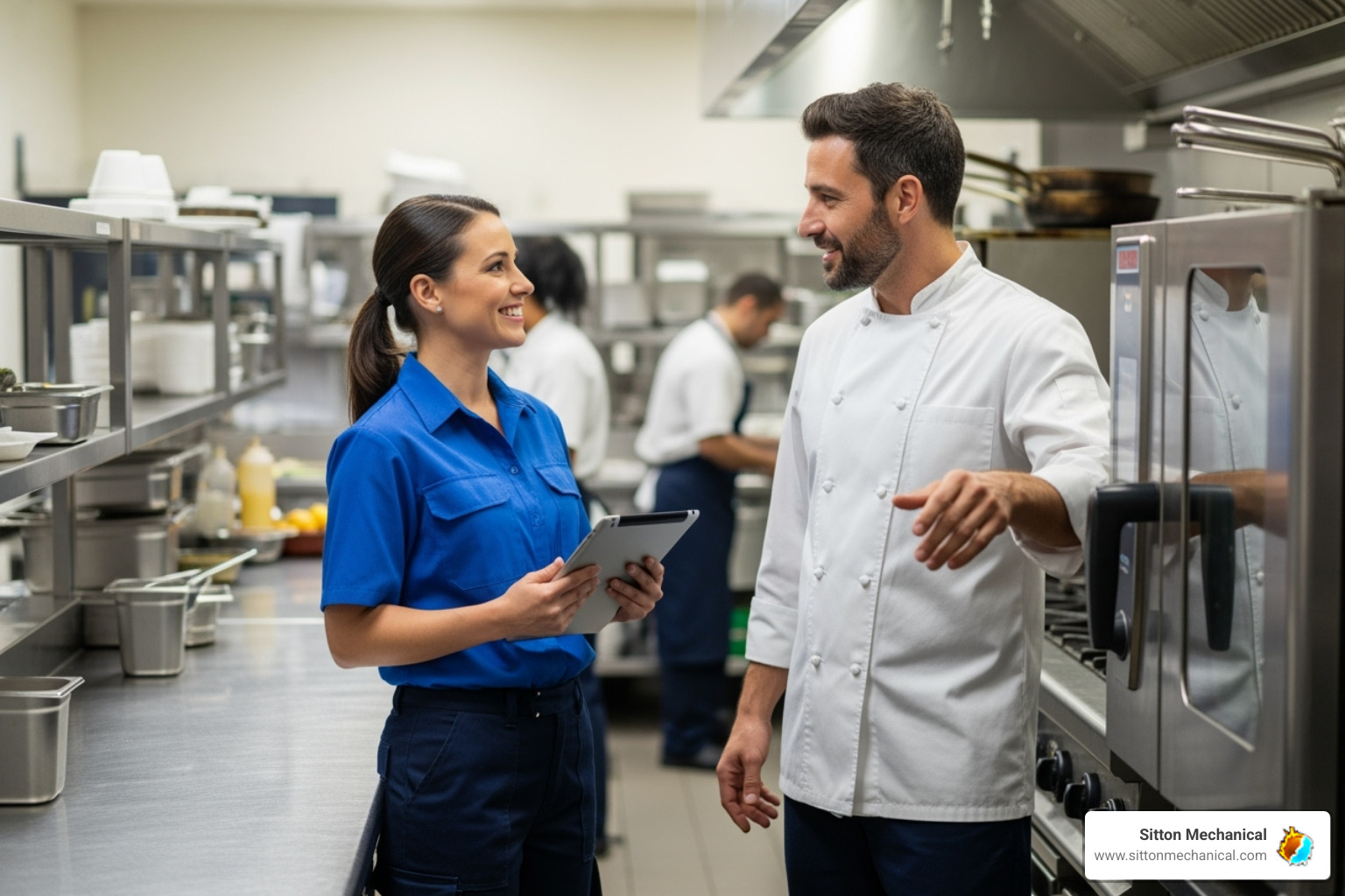 friendly technician speaking with a restaurant manager - restaurant equipment repair stillwater friendly technician speaking with a restaurant manager - restaurant equipment repair stillwater