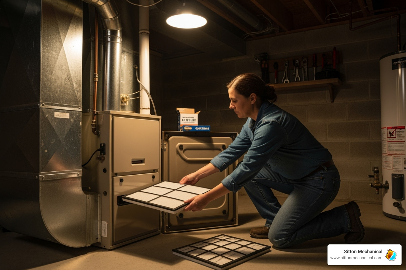 Homeowner changing furnace air filter - furnace installation cushing ok