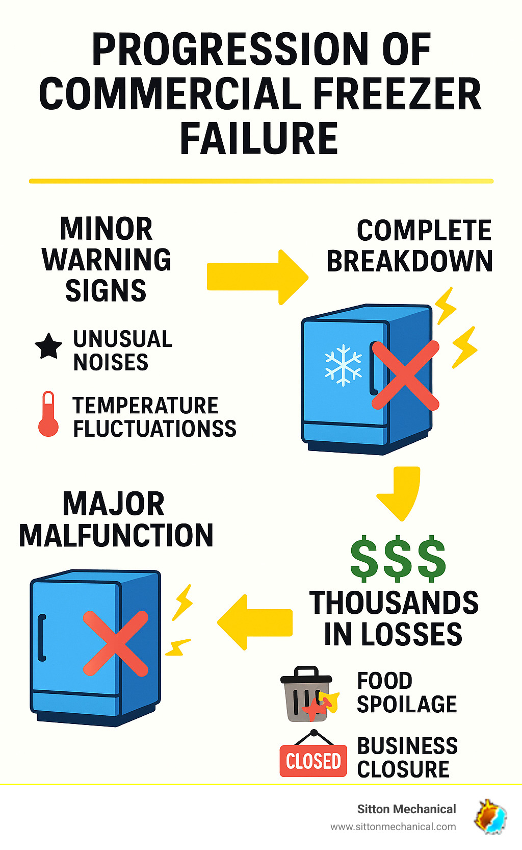 Infographic showing the progression of commercial freezer failure from minor warning signs like unusual noises and temperature fluctuations to major consequences including complete system breakdown, food spoilage, business closure, and thousands in losses, with timeline indicators and cost impact at each stage - commercial freezer repair cushing infographic 